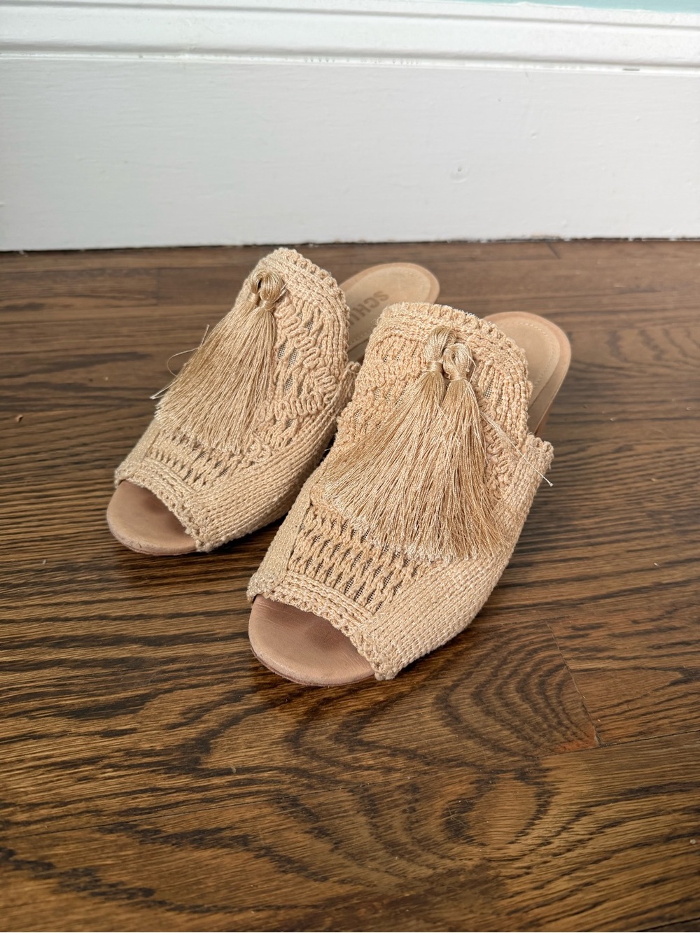 Schutz Raffia Tassel Mule Heels Sandals Beige Boho Slide Size 6
